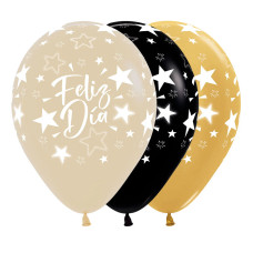 Globo látex redondo infinity Feliz Dia Estrellas fashion y metal surtido X50